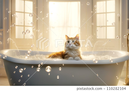 Close up of cute  cat looks out of the bath. Sweet kitten washes and swims 110282104