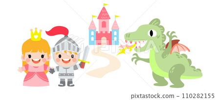 Fantasy knight princess and dragon . prince on horseback holding sword fights with dragon. 110282155