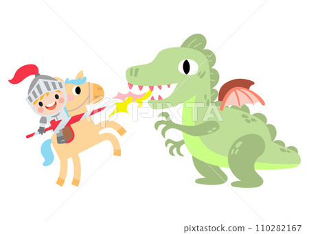 Fantasy knight princess and dragon . prince on horseback holding sword fights with dragon. 110282167