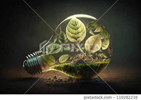 Eco-friendly innovation shines as an organic light bulb encased in lush moss and leaves brings nature Eco-friendly innovation shines as an organic light bulb encased in lush moss and leaves brings nature 110282216