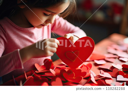 AI-generated content. Kid making heart-shaped Valentine's card AI-generated content. Kid making heart-shaped Valentine's card 110282288