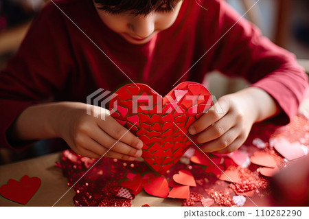 AI-generated content. Kid making heart-shaped Valentine's card 110282290