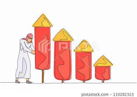 Single continuous line drawing Arab businessman ignite firework rocket bar graph to increase company growth. Boost earnings or economic boom. Dynamic one line draw graphic design vector illustration Single continuous line drawing Arab businessman ignite firework rocket bar graph to increase company growth. Boost earnings or economic boom. Dynamic one line draw graphic design vector illustration 110282323