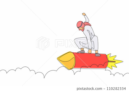Single continuous line drawing happy Arab businessman riding a rocket through the sky, concept for business success, motivation and innovation. Dynamic one line draw graphic design vector illustration Single continuous line drawing happy Arab businessman riding a rocket through the sky, concept for business success, motivation and innovation. Dynamic one line draw graphic design vector illustration 110282334