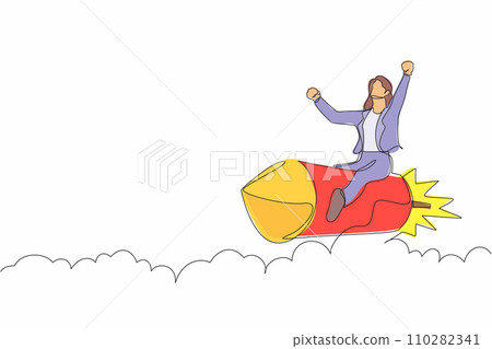 Single continuous line drawing businesswoman riding a rocket through the sky, concept for business success or innovation. Minimalist metaphor. Dynamic one line draw graphic design vector illustration 110282341