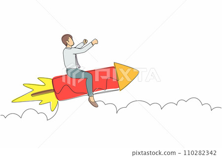 Continuous one line drawing businessman sitting astride a rocket and flying through the air. Successful business, leadership concept. Minimalist metaphor. Single line draw design vector illustration Continuous one line drawing businessman sitting astride a rocket and flying through the air. Successful business, leadership concept. Minimalist metaphor. Single line draw design vector illustration 110282342
