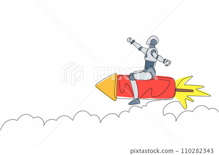 Single one line drawing robot flying high riding firework rocket. Future technology development. Artificial intelligence machine learning processes. Continuous line design graphic vector illustration 110282343