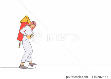 Single continuous line drawing Arab businessman ignites large fireworks rocket attached to his back. Male manager ready to boost business to win competition. One line draw design vector illustration Single continuous line drawing Arab businessman ignites large fireworks rocket attached to his back. Male manager ready to boost business to win competition. One line draw design vector illustration 110282344