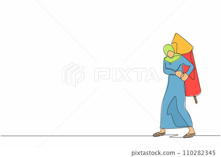 Single one line drawing active Arab businesswoman ignites big fireworks rocket attached to her back. Female employee prepare for project launch. Continuous line draw design graphic vector illustration Single one line drawing active Arab businesswoman ignites big fireworks rocket attached to her back. Female employee prepare for project launch. Continuous line draw design graphic vector illustration 110282345