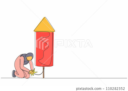 Single continuous line drawing smart Arabian businesswoman launching firework rocket. Increase company growth or economic boom, career development concept. One line graphic design vector illustration Single continuous line drawing smart Arabian businesswoman launching firework rocket. Increase company growth or economic boom, career development concept. One line graphic design vector illustration 110282352