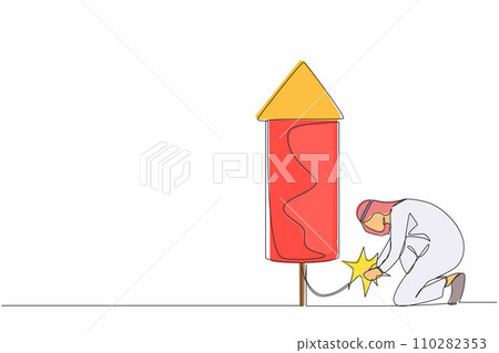 Single one line drawing Arab businessman launching firework rocket. Grow business, boost investment profit or earning, increase growth or economic boom. Continuous line draw design vector illustration Single one line drawing Arab businessman launching firework rocket. Grow business, boost investment profit or earning, increase growth or economic boom. Continuous line draw design vector illustration 110282353
