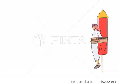 Single one line drawing Arabian businessman being tied to launching rocket, feeling anxious and scared. Fear of economic disaster. Business failure. Continuous line design graphic vector illustration 110282363