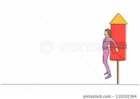 Single continuous line drawing businesswoman being fired and tied to launching rocket, feeling afraid and painful. Fear of financial crisis. Business failure. One line draw design vector illustration Single continuous line drawing businesswoman being fired and tied to launching rocket, feeling afraid and painful. Fear of financial crisis. Business failure. One line draw design vector illustration 110282364