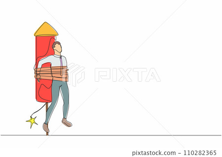 Continuous one line drawing businessman being tied to launching rocket, feeling anxious and scared. Fear of impending disaster. Career failure concept. Single line design vector graphic illustration Continuous one line drawing businessman being tied to launching rocket, feeling anxious and scared. Fear of impending disaster. Career failure concept. Single line design vector graphic illustration 110282365