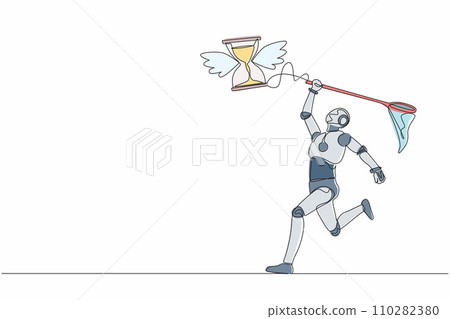 Continuous one line drawing robot try to catching flying hourglass with butterfly net. Stress, deadlines, depression of work. Humanoid cybernetic organism. Single line draw design vector illustration Continuous one line drawing robot try to catching flying hourglass with butterfly net. Stress, deadlines, depression of work. Humanoid cybernetic organism. Single line draw design vector illustration 110282380