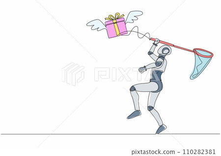Single one line drawing robot try to catching flying gift box with butterfly net. Winged gift box, package. Future technology. Artificial intelligence. Continuous line draw design vector illustration Single one line drawing robot try to catching flying gift box with butterfly net. Winged gift box, package. Future technology. Artificial intelligence. Continuous line draw design vector illustration 110282381
