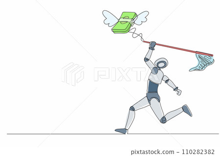 Single continuous line drawing robot try to catching flying money stacks with butterfly net. Budget spending, bill expenses. Electronic technology industry. One line graphic design vector illustration Single continuous line drawing robot try to catching flying money stacks with butterfly net. Budget spending, bill expenses. Electronic technology industry. One line graphic design vector illustration 110282382