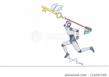 Single continuous line drawing robot try to catching flying key with butterfly net. Find key to solve technology problems. Robotic artificial intelligence. One line graphic design vector illustration Single continuous line drawing robot try to catching flying key with butterfly net. Find key to solve technology problems. Robotic artificial intelligence. One line graphic design vector illustration 110282389