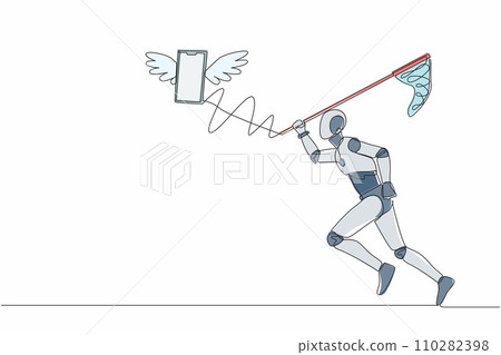 Single one line drawing robot try to catch flying smartphone with butterfly net. Talking, communication, gadget. Future technology. Artificial intelligence. Continuous line design vector illustration Single one line drawing robot try to catch flying smartphone with butterfly net. Talking, communication, gadget. Future technology. Artificial intelligence. Continuous line design vector illustration 110282398