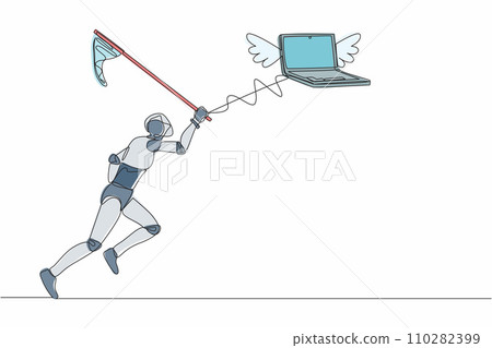 Continuous one line drawing robot try to catching flying laptop with butterfly net. System data computing for working efficiency. Robot cybernetic organism. Single line draw design vector illustration Continuous one line drawing robot try to catching flying laptop with butterfly net. System data computing for working efficiency. Robot cybernetic organism. Single line draw design vector illustration 110282399