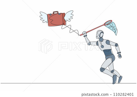 Single continuous line drawing robot try to catch flying briefcase with butterfly net. High performance tech company. Robotic artificial intelligence. One line draw graphic design vector illustration Single continuous line drawing robot try to catch flying briefcase with butterfly net. High performance tech company. Robotic artificial intelligence. One line draw graphic design vector illustration 110282401