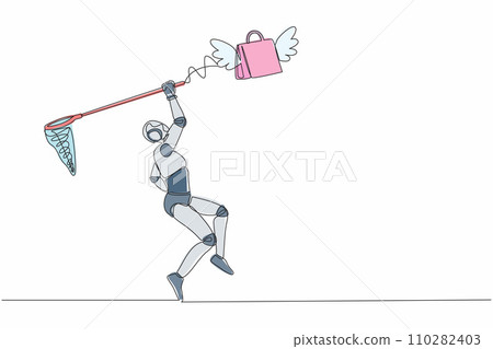 Single one line drawing robot try to catching flying shopping bag with butterfly net. Commercial retail fashion. Future technology. Artificial intelligence. Continuous line design vector illustration Single one line drawing robot try to catching flying shopping bag with butterfly net. Commercial retail fashion. Future technology. Artificial intelligence. Continuous line design vector illustration 110282403