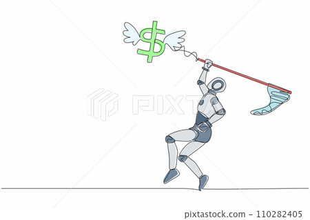 Continuous one line drawing robot try to catching flying dollar sign symbol with butterfly net. Finance economic crisis. Humanoid robot cybernetic organism. Single line draw design vector illustration Continuous one line drawing robot try to catching flying dollar sign symbol with butterfly net. Finance economic crisis. Humanoid robot cybernetic organism. Single line draw design vector illustration 110282405