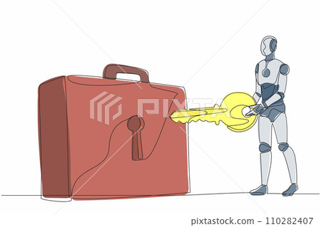 Single one line drawing robot putting key into briefcase. Safety bag for secret document. Investment portfolio. Future technology development. Continuous line draw design graphic vector illustration Single one line drawing robot putting key into briefcase. Safety bag for secret document. Investment portfolio. Future technology development. Continuous line draw design graphic vector illustration 110282407