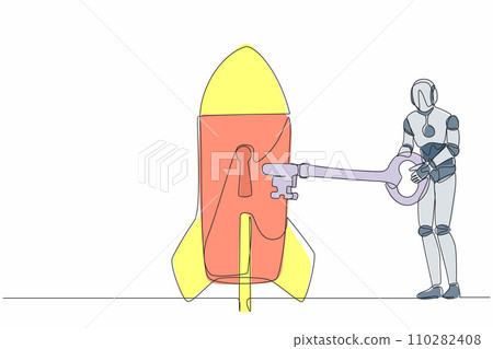 Single continuous line drawing robot putting key into rocket. Launching new tech business product. Restart business project. Robotic artificial intelligence. One line draw design vector illustration Single continuous line drawing robot putting key into rocket. Launching new tech business product. Restart business project. Robotic artificial intelligence. One line draw design vector illustration 110282408