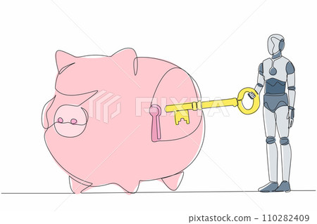 Continuous one line drawing robot putting big key into piggy bank. Personal saving or money security. Finance system protection. Robot cybernetic organism. Single line draw design vector illustration Continuous one line drawing robot putting big key into piggy bank. Personal saving or money security. Finance system protection. Robot cybernetic organism. Single line draw design vector illustration 110282409
