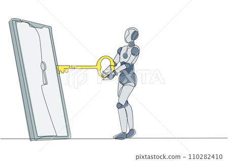 Continuous one line drawing robot put key into smartphone. Data privacy for protect user from hacker. Password security. Humanoid robot cybernetic organism. Single line draw design vector illustration Continuous one line drawing robot put key into smartphone. Data privacy for protect user from hacker. Password security. Humanoid robot cybernetic organism. Single line draw design vector illustration 110282410