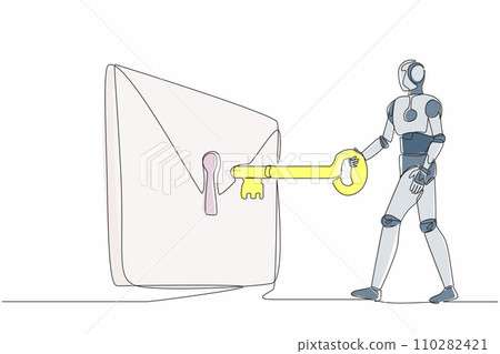 Single one line drawing robot putting big key into mail. Digital message protection or email security system. Future technology development. Continuous line draw design graphic vector illustration Single one line drawing robot putting big key into mail. Digital message protection or email security system. Future technology development. Continuous line draw design graphic vector illustration 110282421