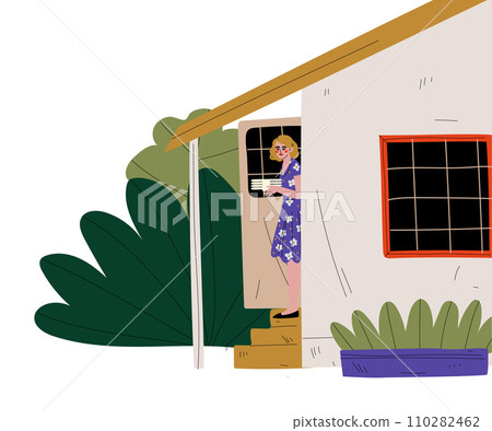 Woman with Plates Standing on the Porch of the House, BBQ Party Outdoors Vector Illustration 110282462