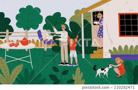 Family on BBQ Party on the Backyard, Father and Son Cooking Barbecue, Daughter Playing with Dog, Mother with Plates Standing on the Porch of the House Vector Illustration Family on BBQ Party on the Backyard, Father and Son Cooking Barbecue, Daughter Playing with Dog, Mother with Plates Standing on the Porch of the House Vector Illustration 110282471