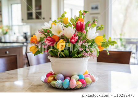 AI-generated content. Spring Awakening: Tulips and Easter Eggs Centerpiece 110282473