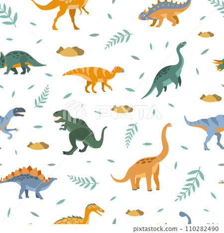 Cute Dinosaurs Seamless Pattern, Prehistoric Animals Design Element Can Be Used for Fabric Print, Wallpaper, Background Vector Illustration 110282490