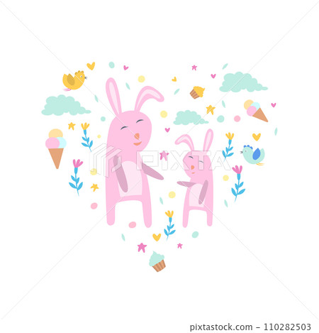 Pink Bunnies with Clouds, Flowers and Ice Creams of Heart Shape, Cute Childish Poster, Greeting or Invitation Card, Print for T-shirt Design Element Vector Illustration Pink Bunnies with Clouds, Flowers and Ice Creams of Heart Shape, Cute Childish Poster, Greeting or Invitation Card, Print for T-shirt Design Element Vector Illustration 110282503