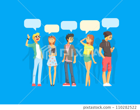 Young Fashionable People with Speech Bubbles, Girls and Guys Communicating with Each Other, People and Their Thoughts Vector Illustration Young Fashionable People with Speech Bubbles, Girls and Guys Communicating with Each Other, People and Their Thoughts Vector Illustration 110282522