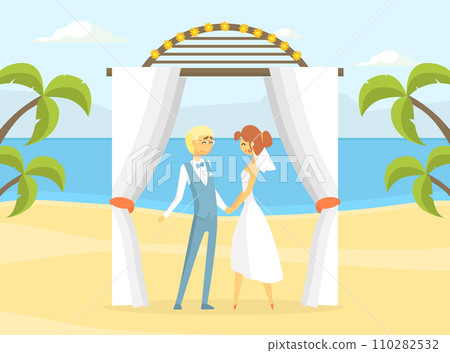 Happy Just Married Couple at Wedding Ceremony, Romantic Bride and Groom Characters on Beach Resort Vector Illustration Happy Just Married Couple at Wedding Ceremony, Romantic Bride and Groom Characters on Beach Resort Vector Illustration 110282532