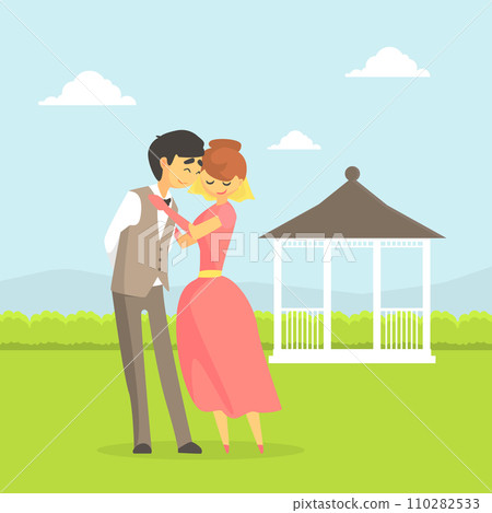 Happy Just Married Couple, Romantic Bride and Groom Characters Embracing on Summer Natural Landscape Vector Illustration Happy Just Married Couple, Romantic Bride and Groom Characters Embracing on Summer Natural Landscape Vector Illustration 110282533