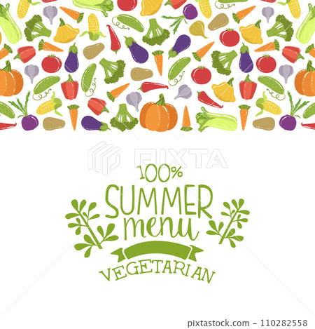Summer Vegetarian Menu Banner Template With Fresh Organic Vegetables Seamless Pattern Vector Illustration 110282558