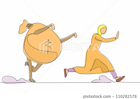 Single one line drawing fright Arab businesswoman being chased by money bag. Female worker hurry in achieving wealth goals. Minimal metaphor concept. Continuous line design graphic vector illustration Single one line drawing fright Arab businesswoman being chased by money bag. Female worker hurry in achieving wealth goals. Minimal metaphor concept. Continuous line design graphic vector illustration 110282578
