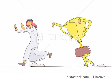 Single one line drawing unhappy Arabian businessman being chased by trophy. Failed with business goals. Unsuccess business victory. Minimal metaphor. Continuous line design graphic vector illustration Single one line drawing unhappy Arabian businessman being chased by trophy. Failed with business goals. Unsuccess business victory. Minimal metaphor. Continuous line design graphic vector illustration 110282599