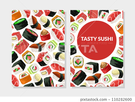 Tasty Sushi Card Template with Asian Food Seamless Pattern, Design Element Can Be Used for Packaging, Flyer, Certificate Vector Tasty Sushi Card Template with Asian Food Seamless Pattern, Design Element Can Be Used for Packaging, Flyer, Certificate Vector 110282600