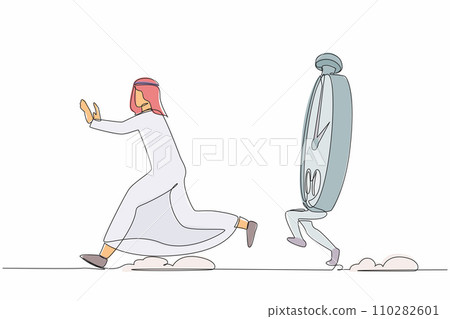 Continuous one line drawing unhappy Arab businessman being chased by stopwatch. Employee difficult to measurement effective time planning concept. Single line draw design vector graphic illustration 110282601