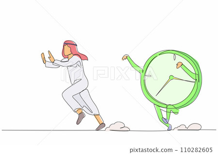Single one line drawing unhappy Arab businessman being chased by time. Deadline planning schedules at office task. Minimal metaphor concept. Modern continuous line design graphic vector illustration Single one line drawing unhappy Arab businessman being chased by time. Deadline planning schedules at office task. Minimal metaphor concept. Modern continuous line design graphic vector illustration 110282605