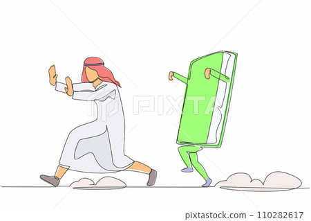Continuous one line drawing unhappy Arab businessman being chased by book. Office worker difficult to get higher education to pursue career growth. Single line draw design vector graphic illustration Continuous one line drawing unhappy Arab businessman being chased by book. Office worker difficult to get higher education to pursue career growth. Single line draw design vector graphic illustration 110282617