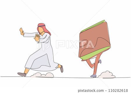 Single one line drawing unhappy Arab businessman being chased by wallet. Losing money or business profit. Cannot pay the bill. Minimal metaphor. Continuous line draw design graphic vector illustration Single one line drawing unhappy Arab businessman being chased by wallet. Losing money or business profit. Cannot pay the bill. Minimal metaphor. Continuous line draw design graphic vector illustration 110282618