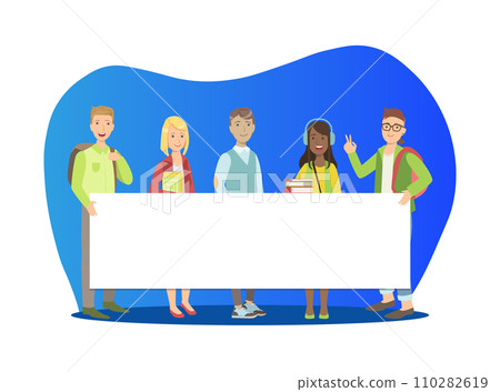 Group of Young People Standing Together and Holding Blank Banner Vector Illustration Group of Young People Standing Together and Holding Blank Banner Vector Illustration 110282619