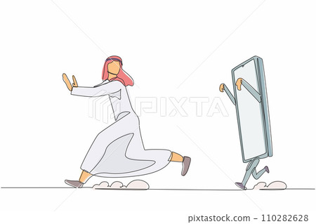 Continuous one line drawing unhappy Arab businessman being chased by smartphone. Refuse to talking or speaking to boss. Technology communication modern. Single line design vector graphic illustration Continuous one line drawing unhappy Arab businessman being chased by smartphone. Refuse to talking or speaking to boss. Technology communication modern. Single line design vector graphic illustration 110282628